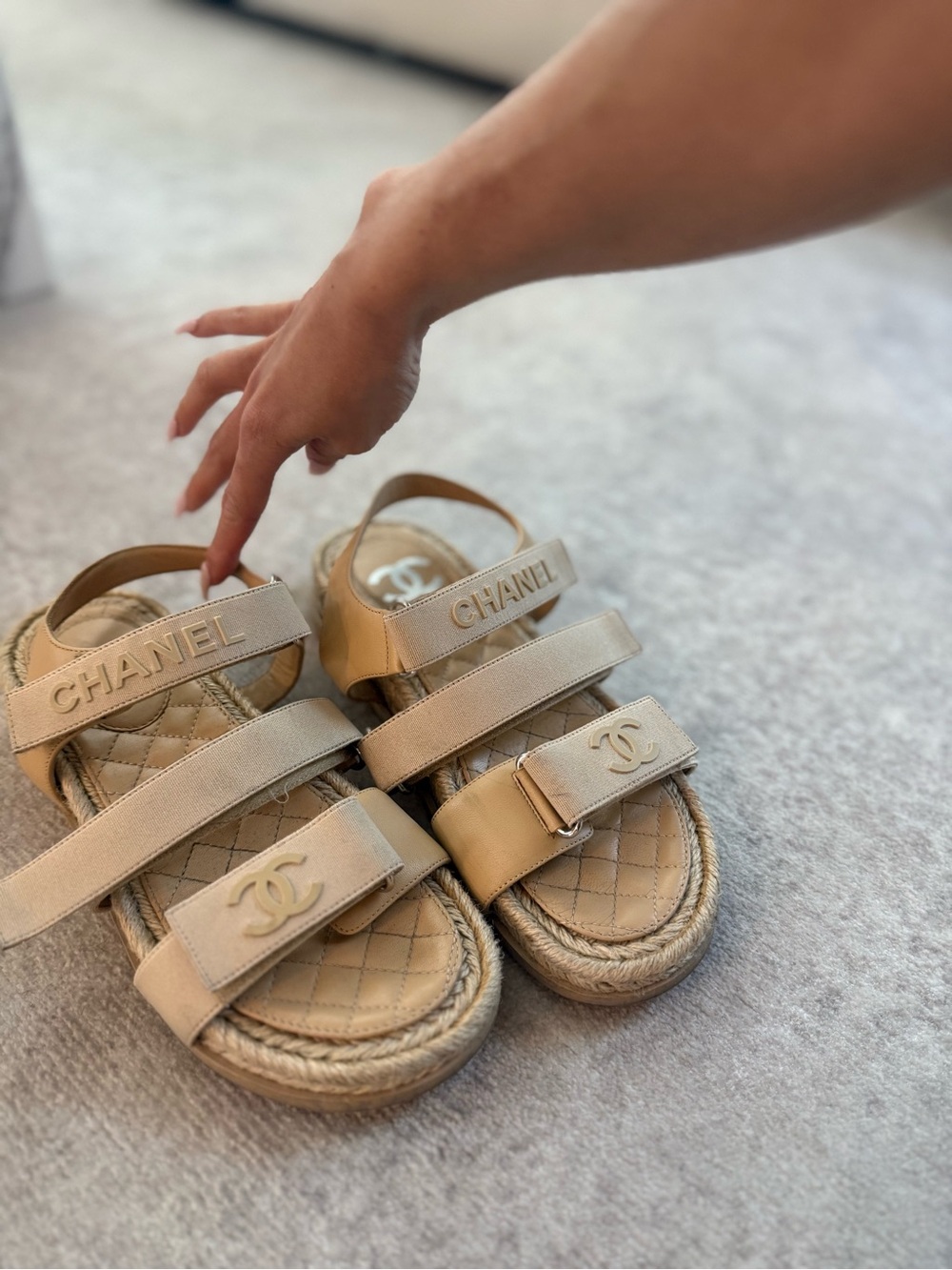 CHANEL Kids Beige Quilted Logo Strap Espadrille Sandals